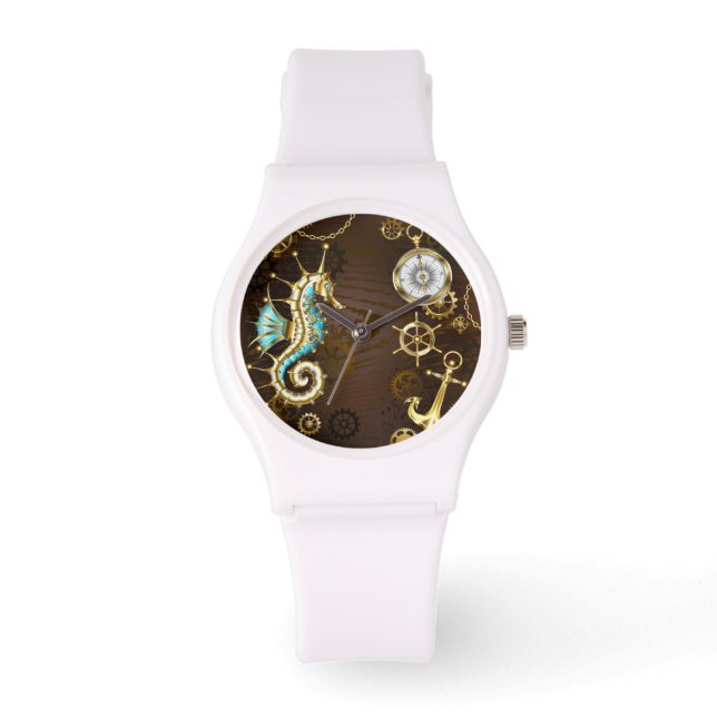 Reloj De Pulsera Fondo de madera con caballito de mar mecánico (Anverso)