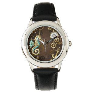 Reloj De Pulsera Fondo de madera con caballito de mar mecánico