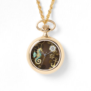 Reloj De Pulsera Fondo de madera con caballito de mar mecánico