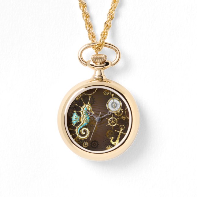 Reloj De Pulsera Fondo de madera con caballito de mar mecánico (Anverso)