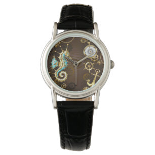Reloj De Pulsera Fondo de madera con caballito de mar mecánico