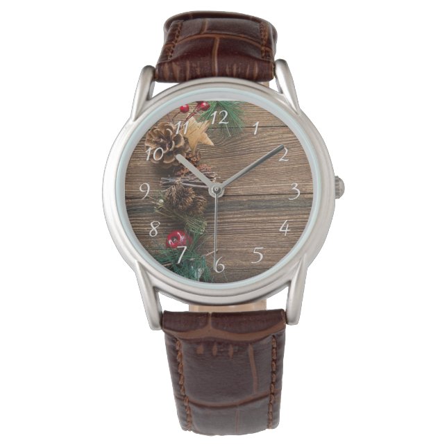 Reloj De Pulsera fondo de madera con piñas         (Anverso)