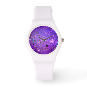 Reloj De Pulsera Fondo de Relieve metalizado púrpura con estrellas