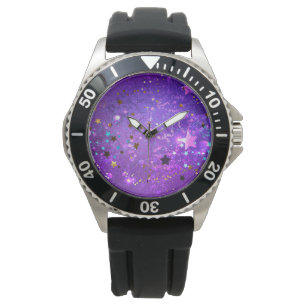 Reloj De Pulsera Fondo de Relieve metalizado púrpura con estrellas