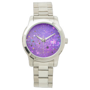 Reloj De Pulsera Fondo de Relieve metalizado púrpura con estrellas