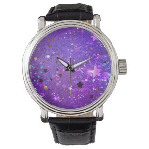 Reloj De Pulsera Fondo de Relieve metalizado púrpura con estrellas