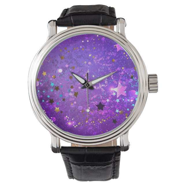 Reloj De Pulsera Fondo de Relieve metalizado púrpura con estrellas (Anverso)