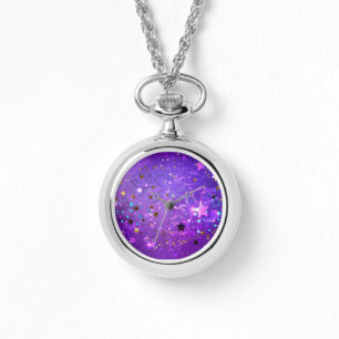 Reloj De Pulsera Fondo de Relieve metalizado púrpura con estrellas