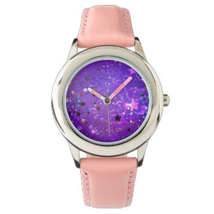 Reloj De Pulsera Fondo de Relieve metalizado púrpura con estrellas