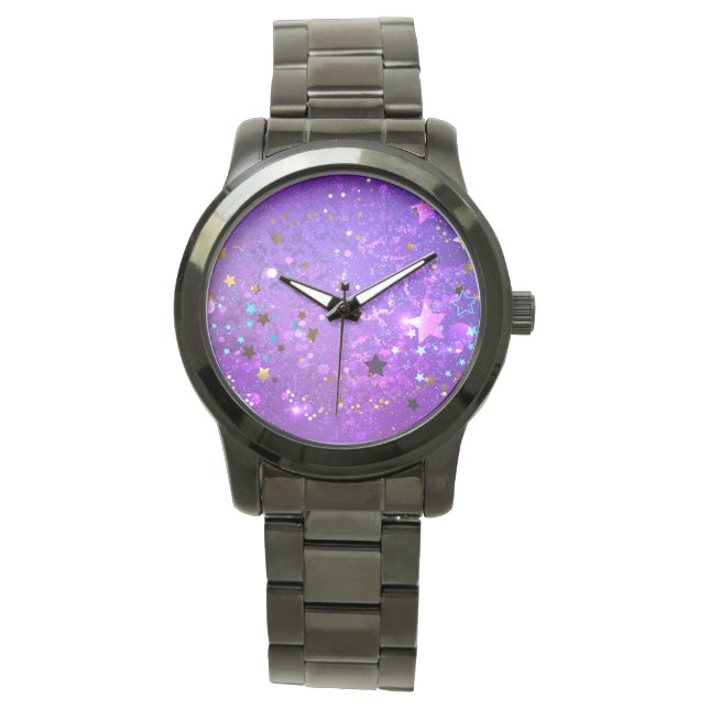 Reloj De Pulsera Fondo de Relieve metalizado púrpura con estrellas (Anverso)