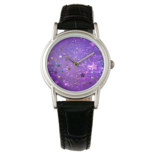 Reloj De Pulsera Fondo de Relieve metalizado púrpura con estrellas (Anverso)