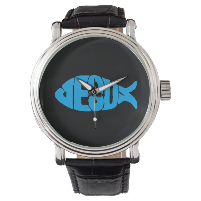 Reloj De Pulsera fondo negro azul claro Jesús (Anverso)