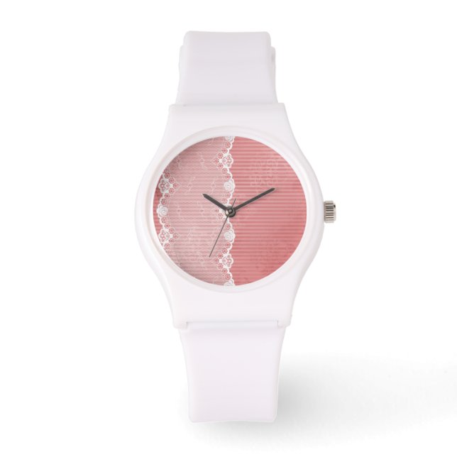 Reloj De Pulsera Fondo rosa y blanco con encaje negro (Anverso)