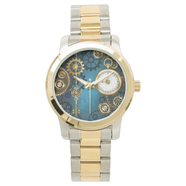 Reloj De Pulsera Fondo turquesa de vapor con engranajes (Anverso)