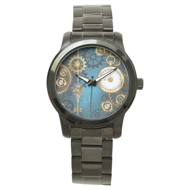 Reloj De Pulsera Fondo turquesa de vapor con engranajes (Anverso)