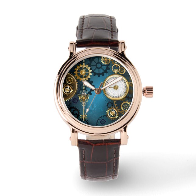 Reloj De Pulsera Fondo turquesa de vapor con engranajes (Anverso)