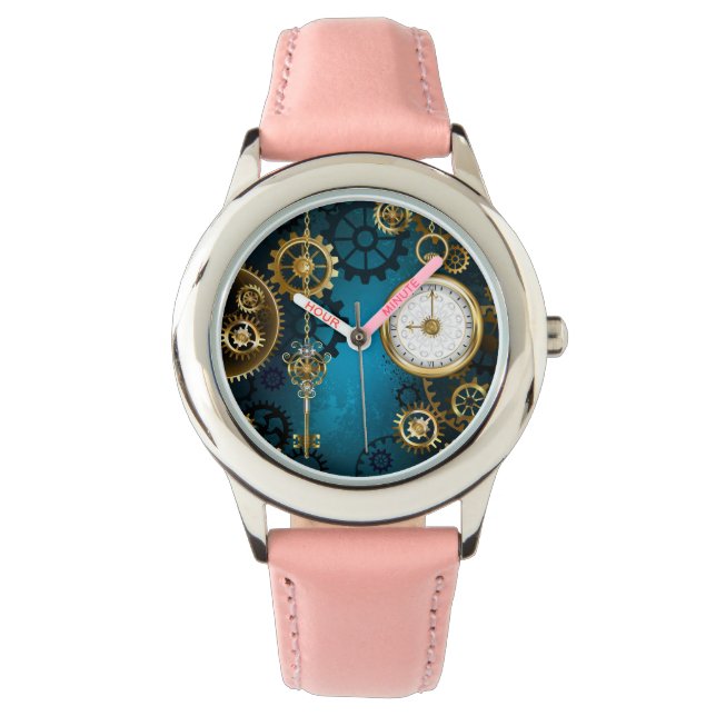 Reloj De Pulsera Fondo turquesa de vapor con engranajes (Anverso)
