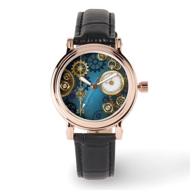 Reloj De Pulsera Fondo turquesa de vapor con engranajes (Anverso)
