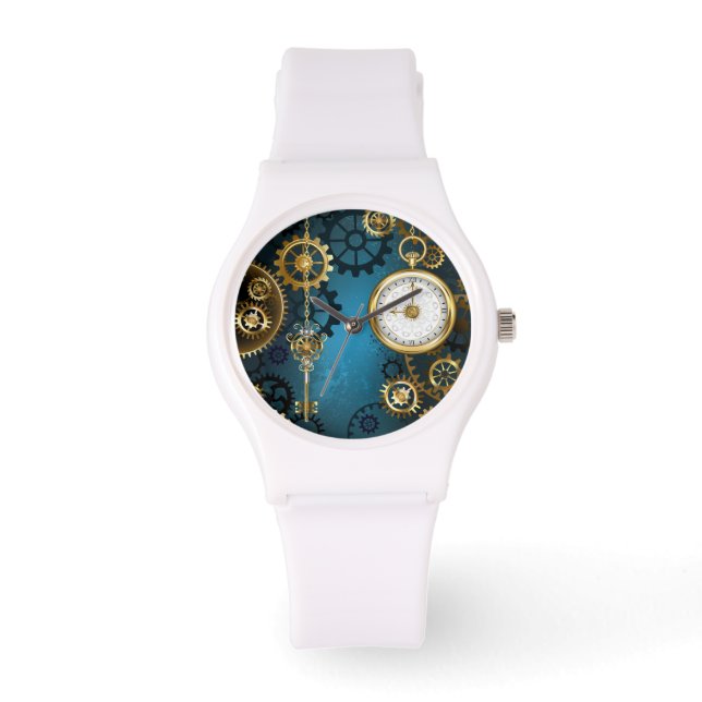 Reloj De Pulsera Fondo turquesa de vapor con engranajes (Anverso)