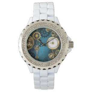 Reloj De Pulsera Fondo turquesa de vapor con engranajes