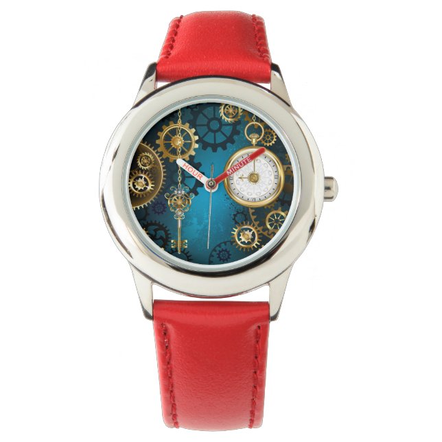 Reloj De Pulsera Fondo turquesa de vapor con engranajes (Anverso)