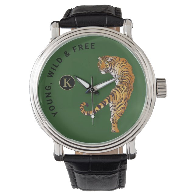 Reloj De Pulsera Fondo verde del monograma del tigre joven, salvaje (Anverso)