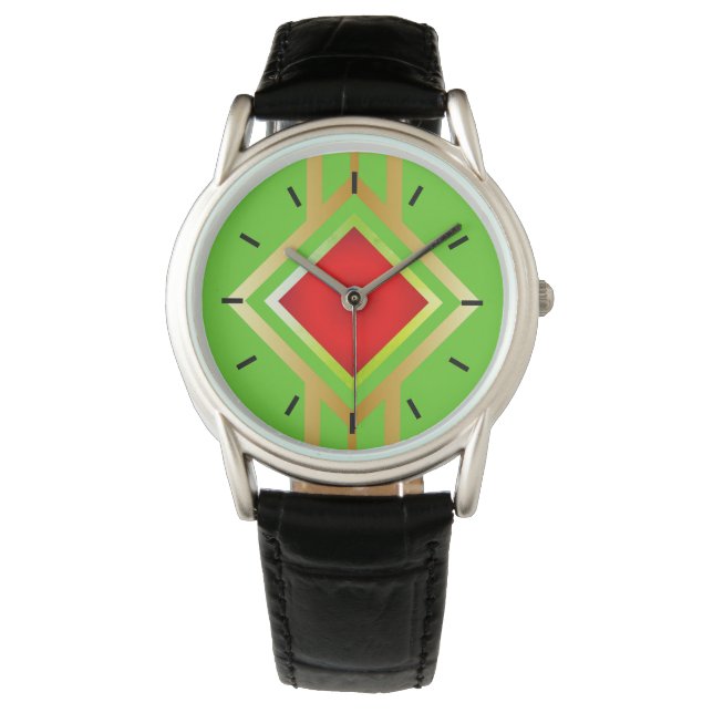 Reloj De Pulsera Fondo verde diamante dorado rojo (Anverso)
