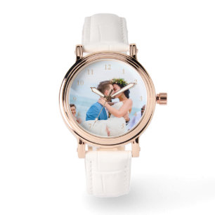 Reloj De Pulsera Foto boda Elegante Rosa Oro y Cuero Blanco