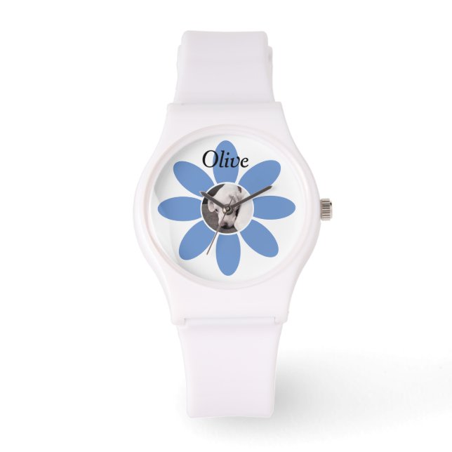 Reloj De Pulsera Foto de Cute White Puppy Dog Blue Mamá Flor Watc (Anverso)