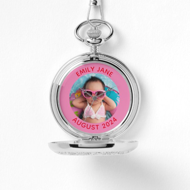 Reloj De Pulsera Foto de familia redonda personalizada rosa y roja (Anverso)