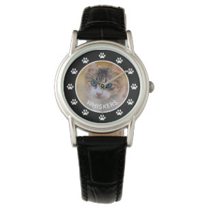 Reloj De Pulsera Foto de gato divertida nombre de mascota huellas d