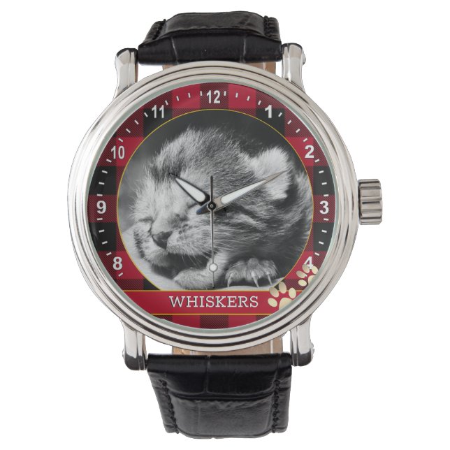 Reloj De Pulsera Foto de gato, tocado de búfalo rojo rústico, gatit (Anverso)