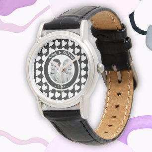 Reloj De Pulsera Foto de patrón de corazón blanco y negro