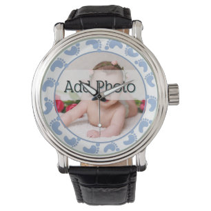 Reloj De Pulsera Foto de un bebé con huellas azules