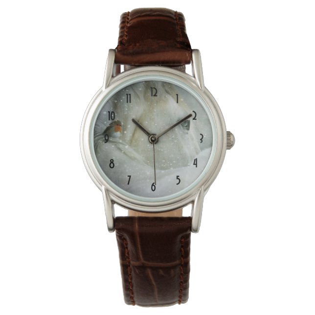 Reloj De Pulsera Foto de un caballo blanco y un pájaro en invierno (Anverso)