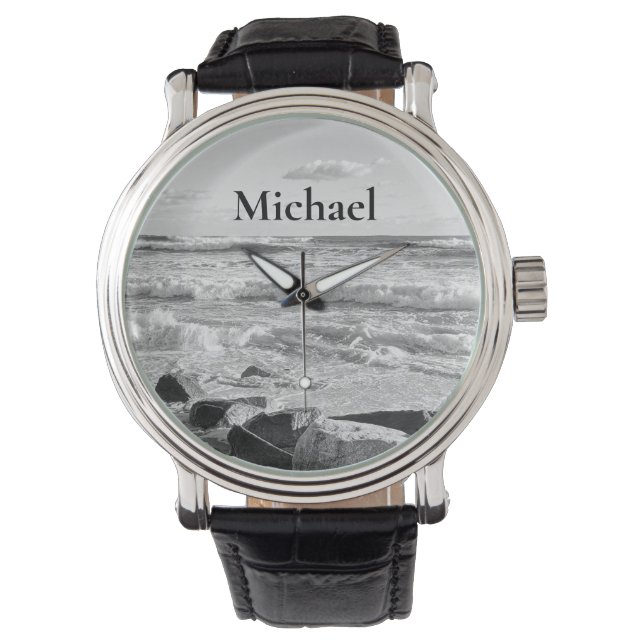 Reloj De Pulsera Foto en blanco y negro de las olas del océano Atlá (Anverso)