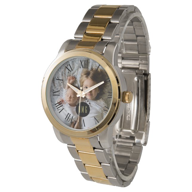 Reloj De Pulsera Foto personalizada | Monograma | Números romanos (Angular)