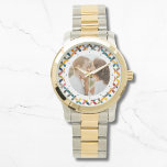 Reloj De Pulsera Foto personalizado Moderna Colorida Personalizada<br><div class="desc">Personalizado Photo Modern Colorful Personalized Watch presenta un colorido patrón geométrico moderno con tu foto favorita en el centro. FOTO TIP: céntrate tu foto antes de subir a Zazzle. Diseñado por Evco Studio www.zazzle.com/store/evcostudio</div>