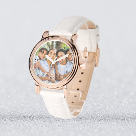 Reloj De Pulsera Foto personalizado - Oro Rosa y cuero blanco