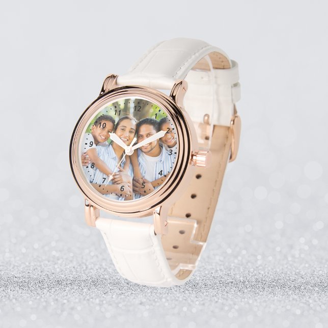 Reloj De Pulsera Foto personalizado - Oro Rosa y cuero blanco (Custom Photo – Rose Gold & White Leather Watch
)