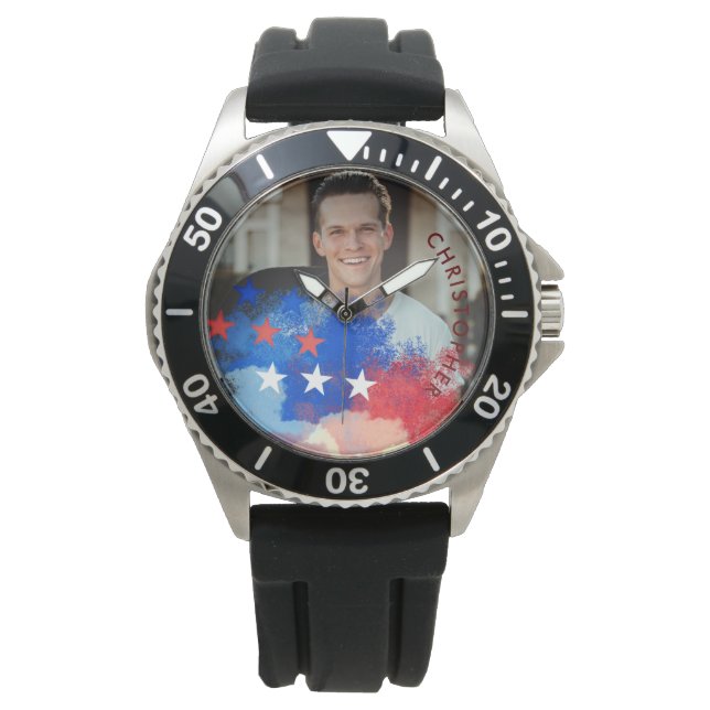 Reloj De Pulsera Foto y nombre del personalizado con bandera estado (Anverso)