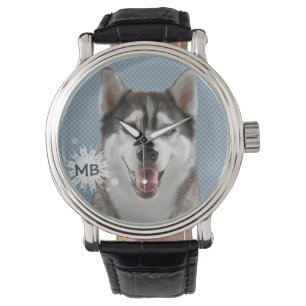 Reloj De Pulsera Fotografía en Monograma de perro Husky