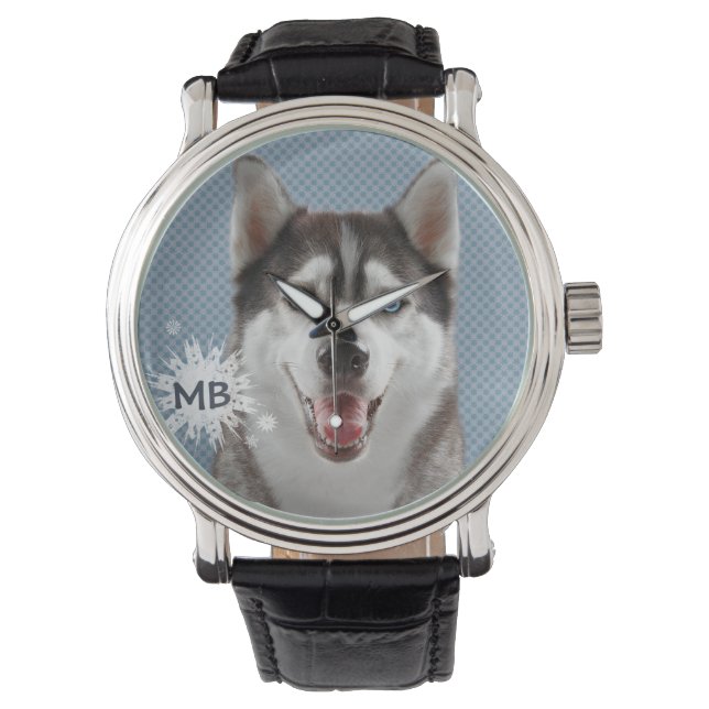 Reloj De Pulsera Fotografía en Monograma de perro Husky (Anverso)