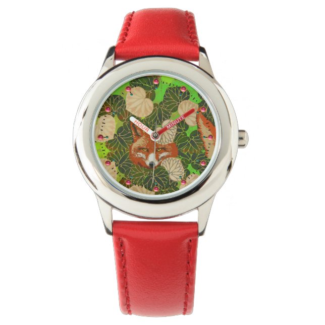 RELOJ DE PULSERA FOX ROJA ENTRE LAS HOJAS VERDES Y LA FUGA (Anverso)