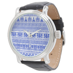 Reloj De Pulsera Fret griego, patrón mediterráneo, azul
