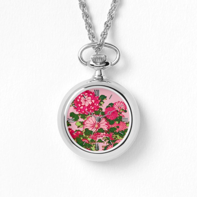 Reloj De Pulsera Frontera flor japonesa, fucsia y rosa coral (Anverso)