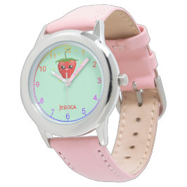 Reloj De Pulsera Fruto de fresa monograma kawaii en turquesa