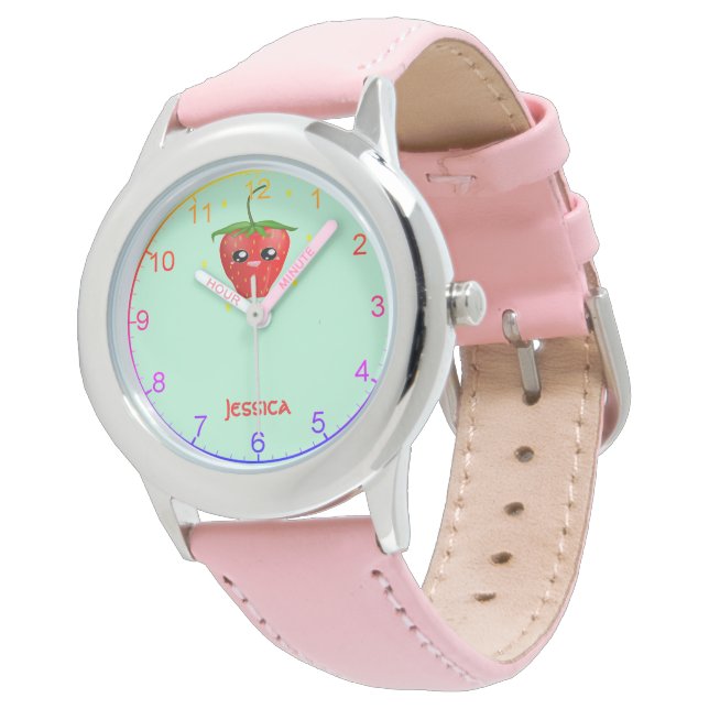 Reloj De Pulsera Fruto de fresa monograma kawaii en turquesa (Angular)