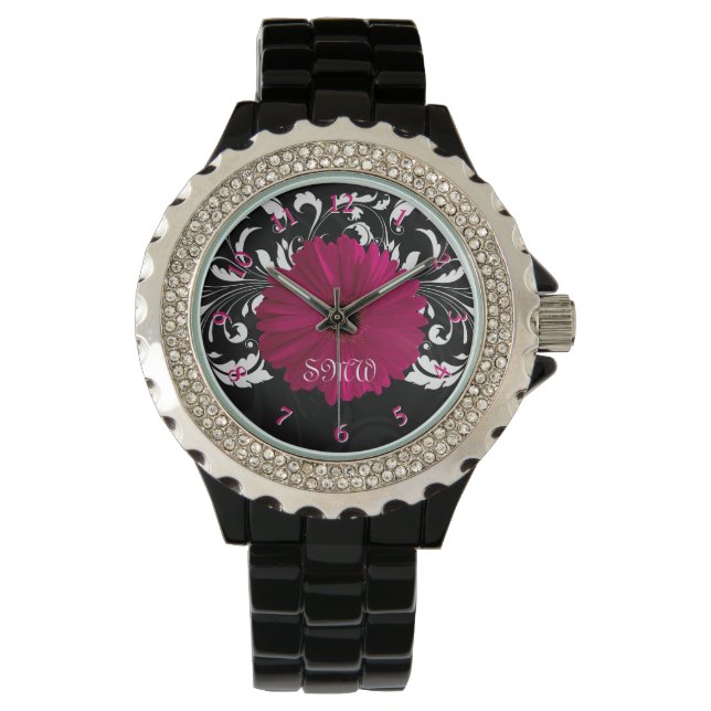 Reloj De Pulsera Fuchsia Gerbera Daisy con Swirl Blanco y Negro (Anverso)