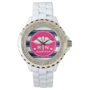 Reloj De Pulsera Fuchsia y la enfermería de la Marina Stripe Caduc